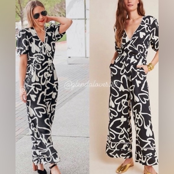 FARM Rio Pants - Farm Rio Sinead Jumpsuit Heart Print Sz Large Black Valentines Wide Leg Chic